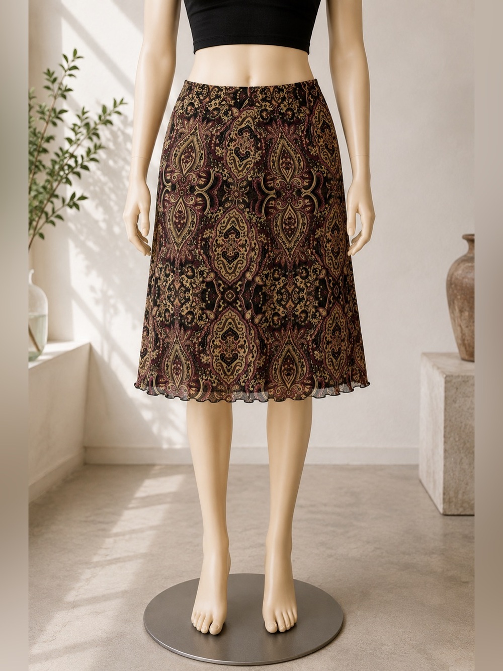 A Byer Y2K Paisley Ruffle Hem Skirt Gold Rhinestone Embellished Medium